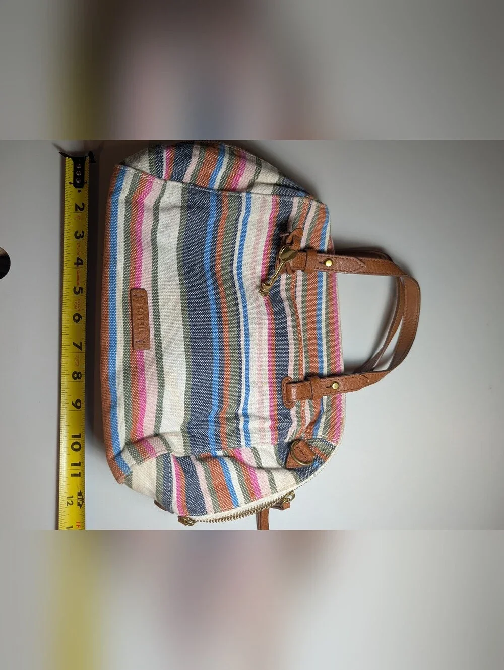 Fossil Striped Canvas Satchel with Tan Leather Accents
